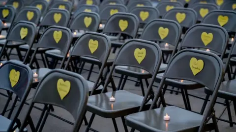 SOPA Images via Getty Images A memorial and vigil for victims of Covid19 was held outside of the Luzerne County Courthouse as part of the Yellow Heart Memorial project. 