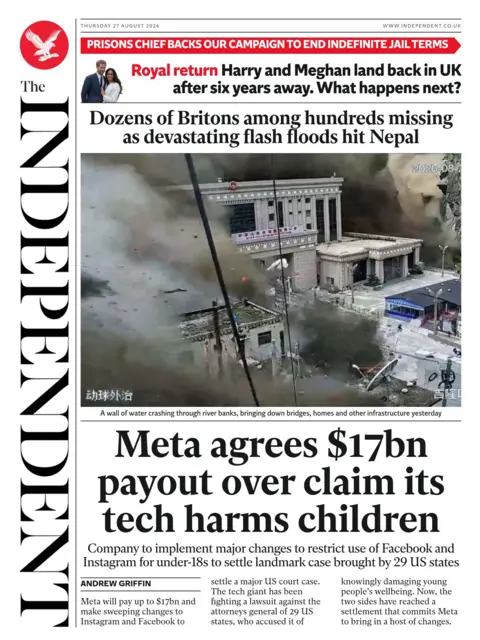 The headline on the front page of the Independent reads: "Dozens of Britains among hundreds missing as devastating floods hit Nepal."