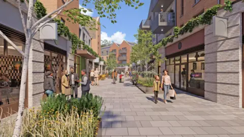 HNW Architects Concept art of people walking down a street holding shopping bags. It is a very clean and spacious street