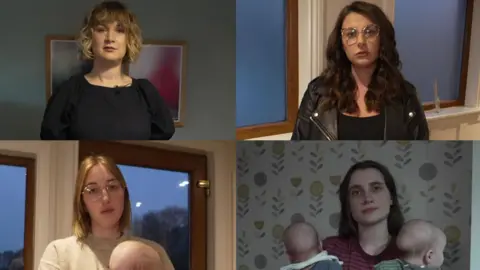 BBC Four women looking at the camera - one is holding a baby, and another is holding two babies. 