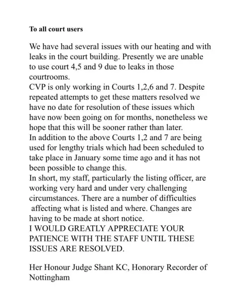 Supplied Email sent to court staff typed on to a white background and signed by the Recorder of Nottingham.