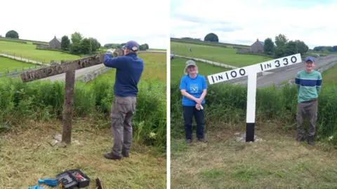 Peak District National Parks Authority Volunteers standing with gradient boards before and after they were renovated