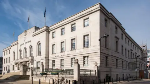 Oblique view of the eastern (main) elevation from north east. Hackney Town Hall, London