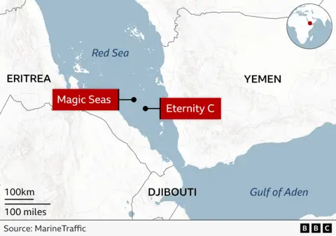 Map of the Red Sea displaying the positions of two ships, Magic Seas and Eternity C. The map covers coastal regions of Eritrea, Yemen, and Djibouti. An inset world map highlights the Red Sea's location with a red dot.