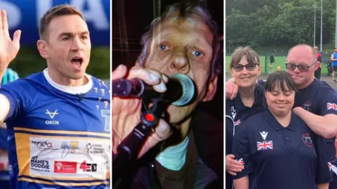 Three images side-by-side. On the left, a man with short brown hair wearing a blue running top raises his hand. In the middle, a man with short grey hair sings into a microphone. On the right, an able bodied women stand on a athletics track with a man and one woman who have Down Syndrome. They are wearing dark blue Team GB kit.