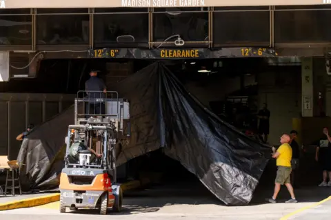 Reuters A tarp is installed for privacy at a loading dock at Madison Square Garden on 1 July 2026.