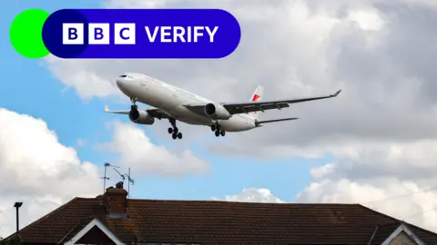 Getty Images A photo of a plane circulating Heathrow and passing over a house.