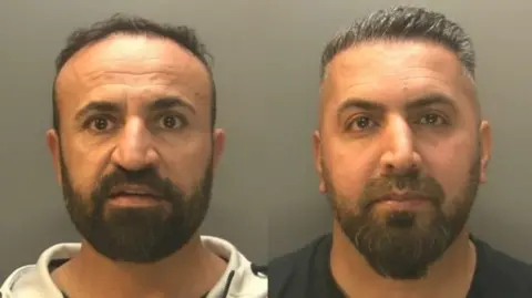NCA Police mugshot of Dilshad Shamo and Ali Khdir. Shamo is on the left and had a beard and is looking at the camera. Khdir is on the right and is wearing a dark blue t-shirt, he also has a beard.