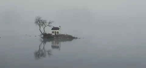 Victor Tregubov A small island sits in a mist-covered lake, holding a leafless tree and a tiny white hut. Both the tree and hut are reflected faintly in the still water.