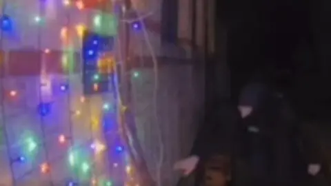 Balaclava-clad man dressed all in black cuts brightly coloured Christmas lights