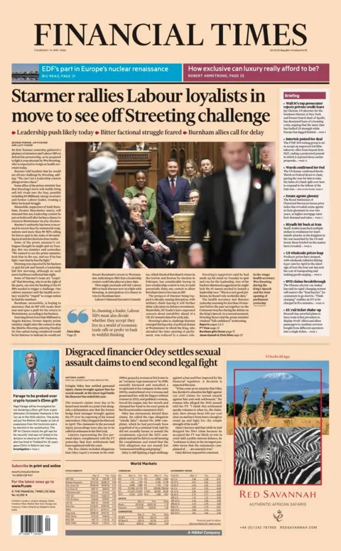 The headline on the front page of the Financial Times reads: “Starmer rallies Labour loyalists in move to see off Streeting challenge”.