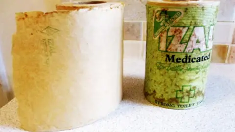Raymond Banyard A picture of two toilet rolls side by side on a white surface. One is covered with green packaging saying Izal medicated toilet paper, the other is an unwrapped version of the same toilet paper 