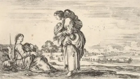 The Met Sefano della Bella sepia coloured line drawing of women and children in 1649, showing a woman sitting on the ground holding a child and another carrying two children, one on her back and the other on front, wearing ragged clothes and bearfoot