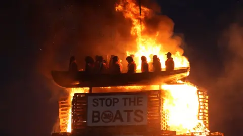 The picture shows a model of a small boat with figures inside in orange fluorescent vests. Below is a sign which says 'STOP THE BOATS'. It is on fire.