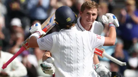 Zak Crawley and Ollie Pope celebrate