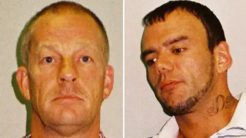 Police mugshot of Layton Davies, with short cropped blonde hair and clean shaven face, staring straight at the camera. And a police mugshot of George Powell, with dark brown short hair, a goatee and a tattoo on his neck, looking away from the camera.