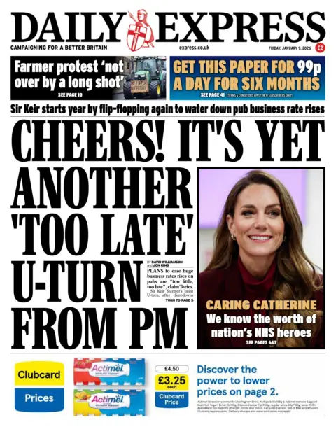 BBC "Cheers! It's yet another 'too late' U-turn from PM" reads the headline on the front page of the Daily Express.