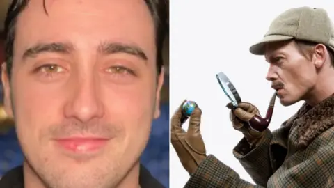 Montage: Close-up of actor Ronnie Burden who has hazel eyes, thick, dark eyebrows and dark hair; stock image of a man dressed up as Sherlock Holmes from the side wearing a checked cap with fur collar, holding a magnifying glass in one had and a mini globe in the other. He also has a dark brown pipe in his mouth 