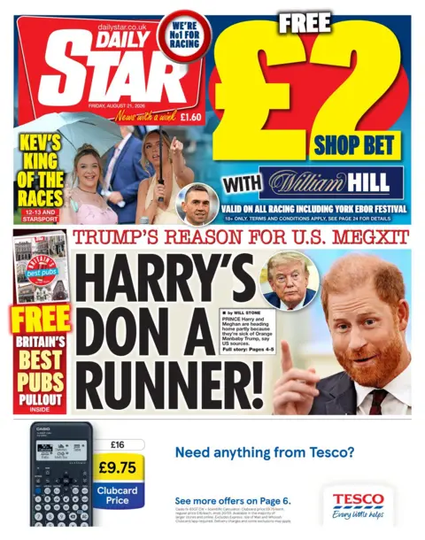The headline on the front page of the Daily Star reads: "Harry's Don a runner."