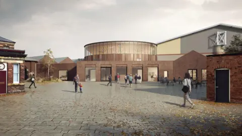 An artist's digital impression of a large, paved square with red brick buildings surrounding it. One is a large, dome-like structure.