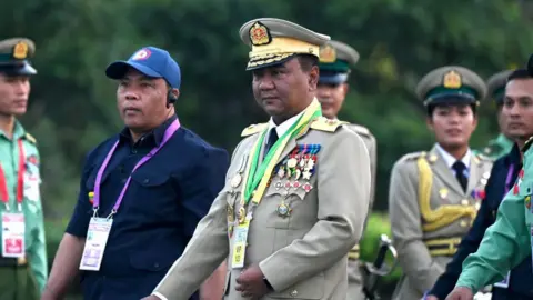 Getty Images Myanmar military spokesman Brigadier General Zaw Min Tun attends a ceremony to mark the country's 78th Armed Forces Day in Naypyidaw on March 27, 2023.