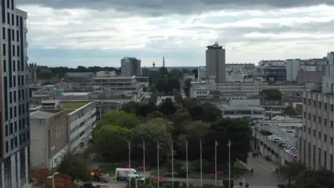 Urban landscape featuring high-rise and smaller buildings, with a green park and trees in the foreground. Several flagpoles with flags are present. The sky is overcast, and vehicles and people are visible throughout the scene.