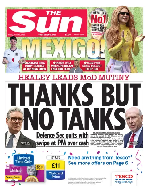 The headline on the front page of the Sun reads: "Thanks but no tanks."