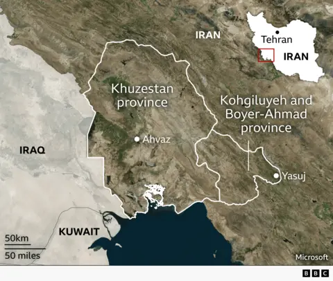 A satellite map marking the boundaries of the Khuzestan province and the Kohgiluyeh and Boyer-Ahmad province along the border with Iraq. In the right hand corner is a smaller map of Iran which locates where the provinces are in relation to the country and also labels Tehran.