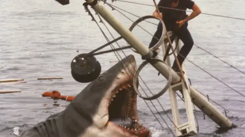 Scene from the movie Jaws where the shark jumps out of the water towards a character on the wreck of a boat