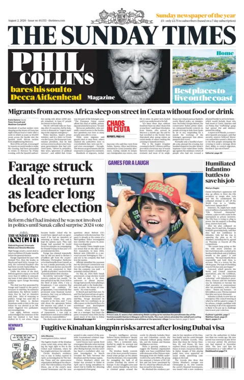 The headline on the front page of the Sunday Times reads: "Farage struck deal to return as leader long before election."