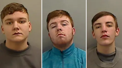 Cleveland Police A composit image with three defendants side by side. Jesse Reaney has short brown hair and blue eyes. He wears a grey sweater. Charlie Wilcock has red hair and short beard. He wears a blue zip-up sweater. Layton Lightfoot has short brown hair combed to one side. He is wearing a grey sweater. All of them are looking at the camera with a serious expression.