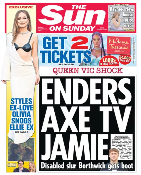 The headline on the front page of the Sun reads: "Enders axe TV Jamie".