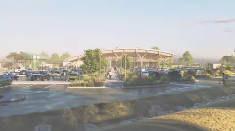 Moto Hospitality Limited An AI illustration of the proposed M4 service station showing a large car park, a building and trees/ greenery 