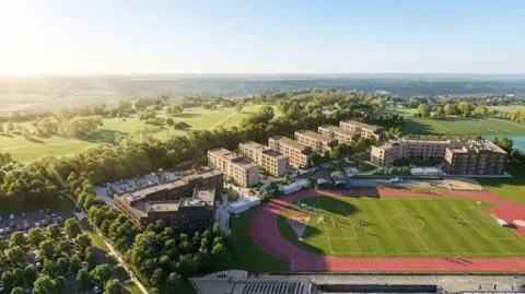 Artist's impression of new student flats at campus seen from above. There are eight blocks next to a football field with trees around it.