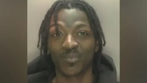 A close-up head-and-shoulders portrait of a person with shoulder-length braids wearing a dark hoodie, photographed against a plain light-coloured background. The image is tightly cropped around the face, with blurred side borders and soft, even lighting.