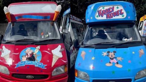 Two ice cream vans, one red with Popeye carton on front and the other blue with Mickey Mouse.