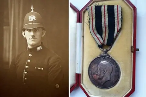 A sepia-tinted black-and-white photo of PC Samuel Pope, a male police officer, next to a colour close-up of a silver medal with black, white and red ribbon housed in a red case with white and mustard-yellow inserts. The medal features the face of King George V.