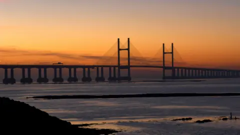 M4 Prince of Wales bridge at sunset. 