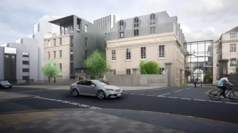 Scotsman Group Artist impression of the former High School of Glasgow site. The building has large windows and a glass bridge connecting the two buildings together. 