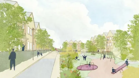 Peel Land CGI image of the the Gibfield Park framework masterplan. The image shows homes, trees and a children's playground.