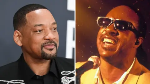 Getty Images Pictures of Will Smith and Steve Wonder are side by side. Will Smith is smiling and wearing a black shirt with silver jewelled and embroidered detailing. Steve Wonder is pictured performing. There is a microphone in front of him and he is wearing a white shirt and yellow suit jacket. He is wearing sunglasses.