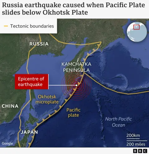 Map showing the epicentre of the earthquake on the Kamchatka Peninsula, where the Pacific plate meets the Okhotsk microplate off the east coast of Russia.