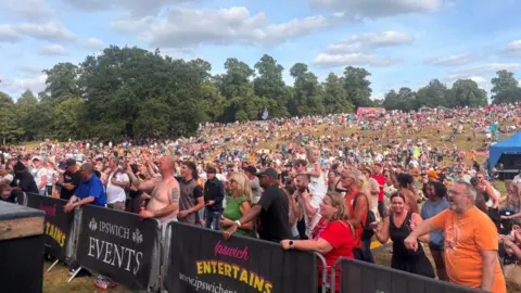 The barrier in front of a music festival stage where people have lined up across to watch a performance.