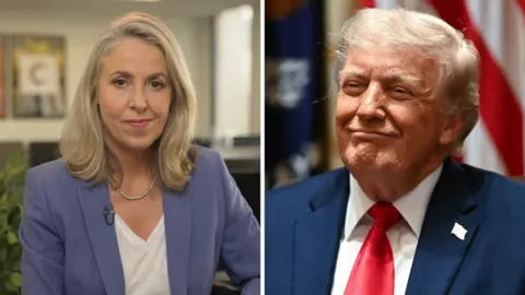 Split screen. Left, Sarah Smith is pictured. Right, Donald Trump is seen.