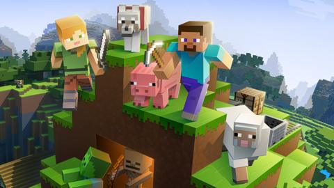 A computer generated image of a scene from Minecraft. Two player characters, one male, one female, holding a pickaxe and a sword respectively, are on top of a tall, mud structure topped with grass. They are rendered in the game's trademark "blocky" style, with a dog, pig and sheep next to them. Below them, skeleton and zombie enemy characters are visible as the landscape stretches off into the background.