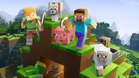 Mojang A computer generated image of a scene from Minecraft. Two player characters, one male, one female, holding a pickaxe and a sword respectively, are on top of a tall, mud structure topped with grass. They are rendered in the game's trademark 