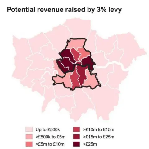 LDRS A pink and red map showing the expected income for boroughs ranging from pale pink (up to £500k) to dark maroon (more than £25m)