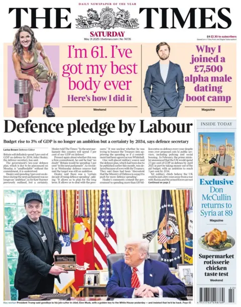 The front page of The Times shows a headline with the words: Defence pledge by Labour. And a picture of Elon Musk and Donald Trump in the Oval Office with an American flag in the background.