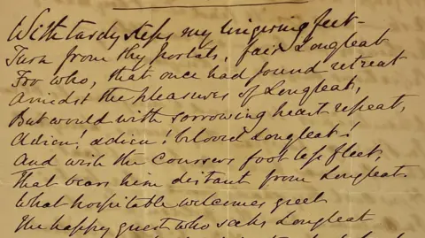 Longleat Slanted traditional handwriting in black ink on yellowed paper. Lines of a poem with words rhyming with Longleat in couplets.
