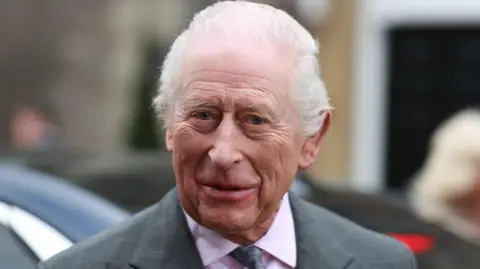 Close up of a white-haired King Charles III smiling at the camera and wearing a grey suit and pink shirt